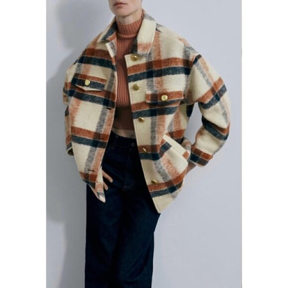 NWT Joie Grey &  rust plaid oversized shacket, Sz Large - Picture 1 of 14